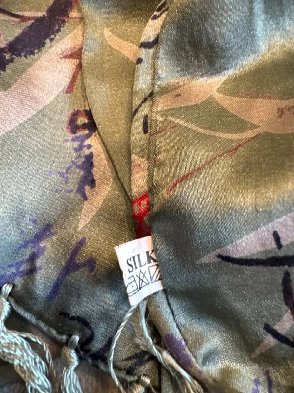 Japanese Floral Delicate Earthy Crunchy Green Luxury Silk Scarf with Fringe